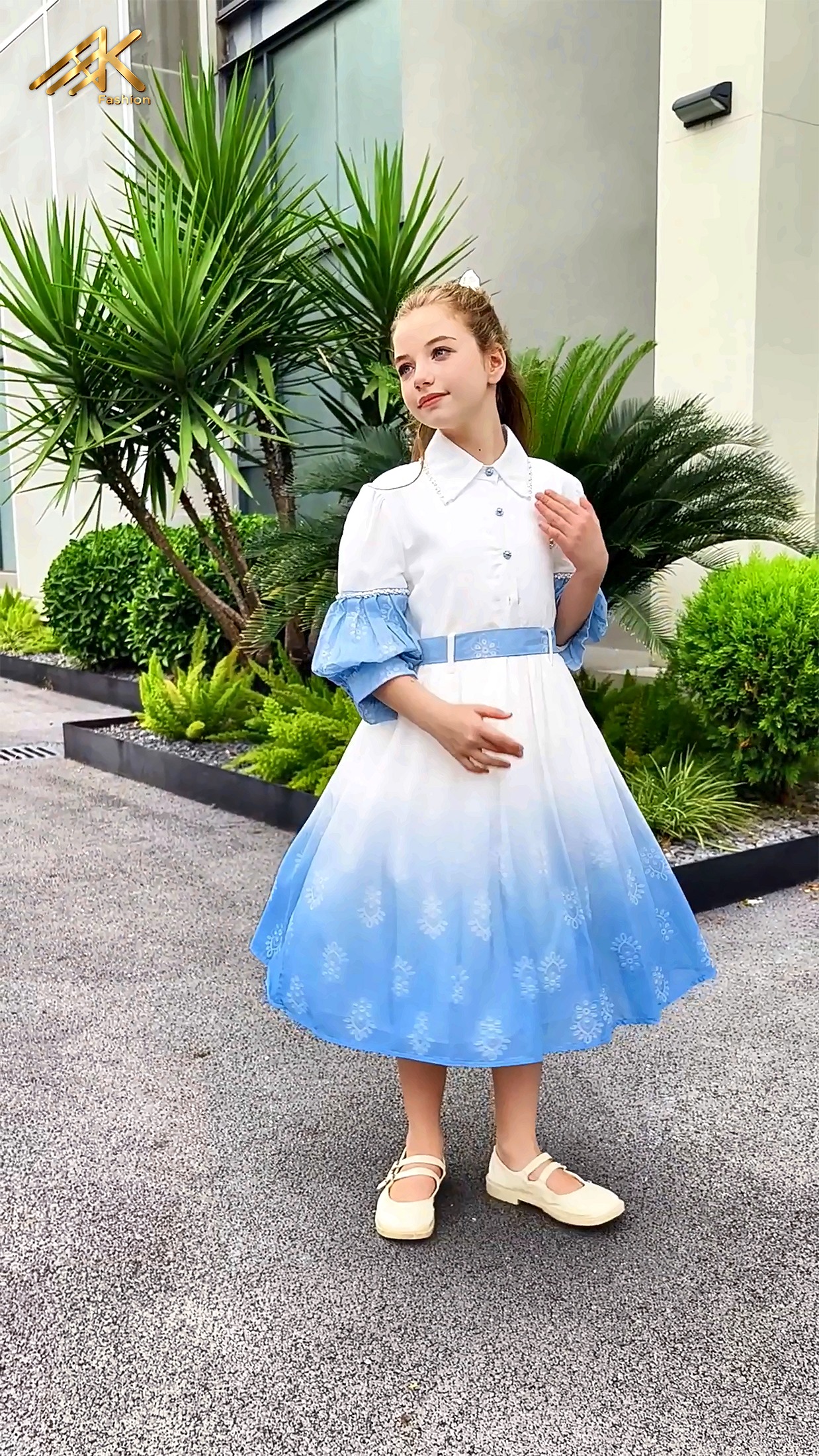 White and blue ombre dress with crystal buttons