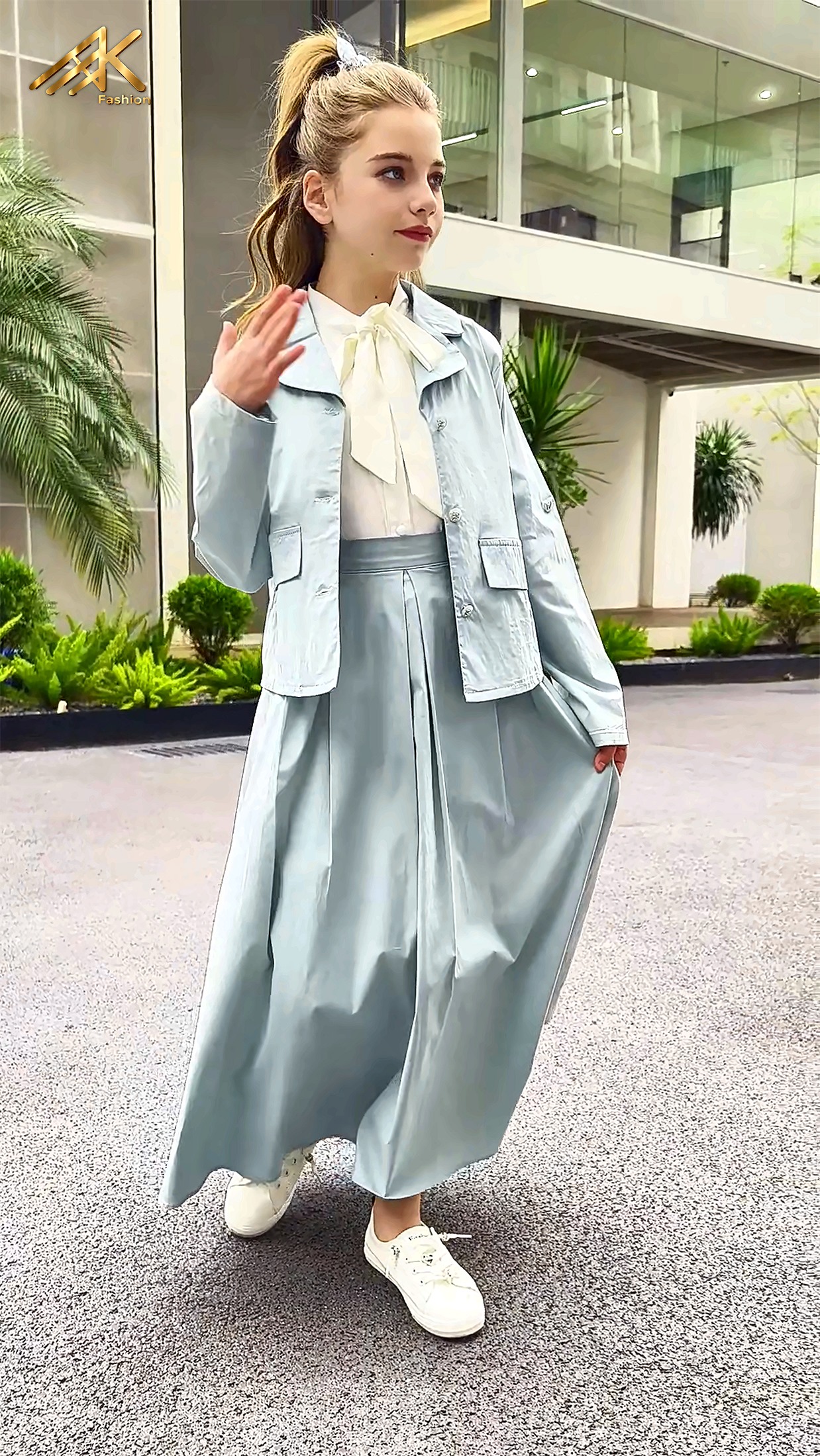 Mint trench jacket with wide-leg trousers, tween street style