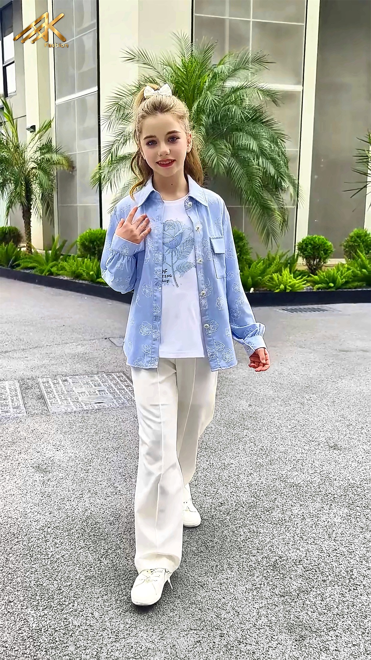 Denim floral-print shacket set, tween street style