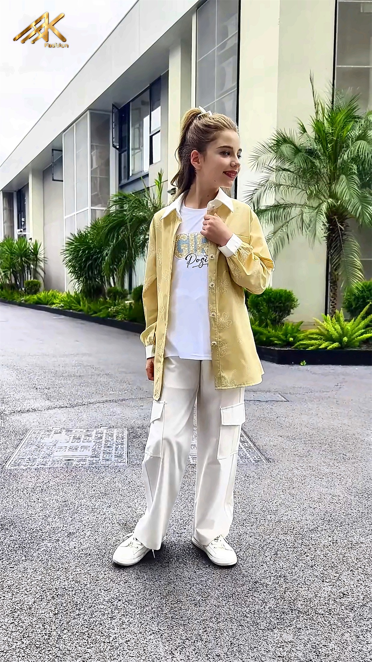 Yellow floral shacket with cargo trousers