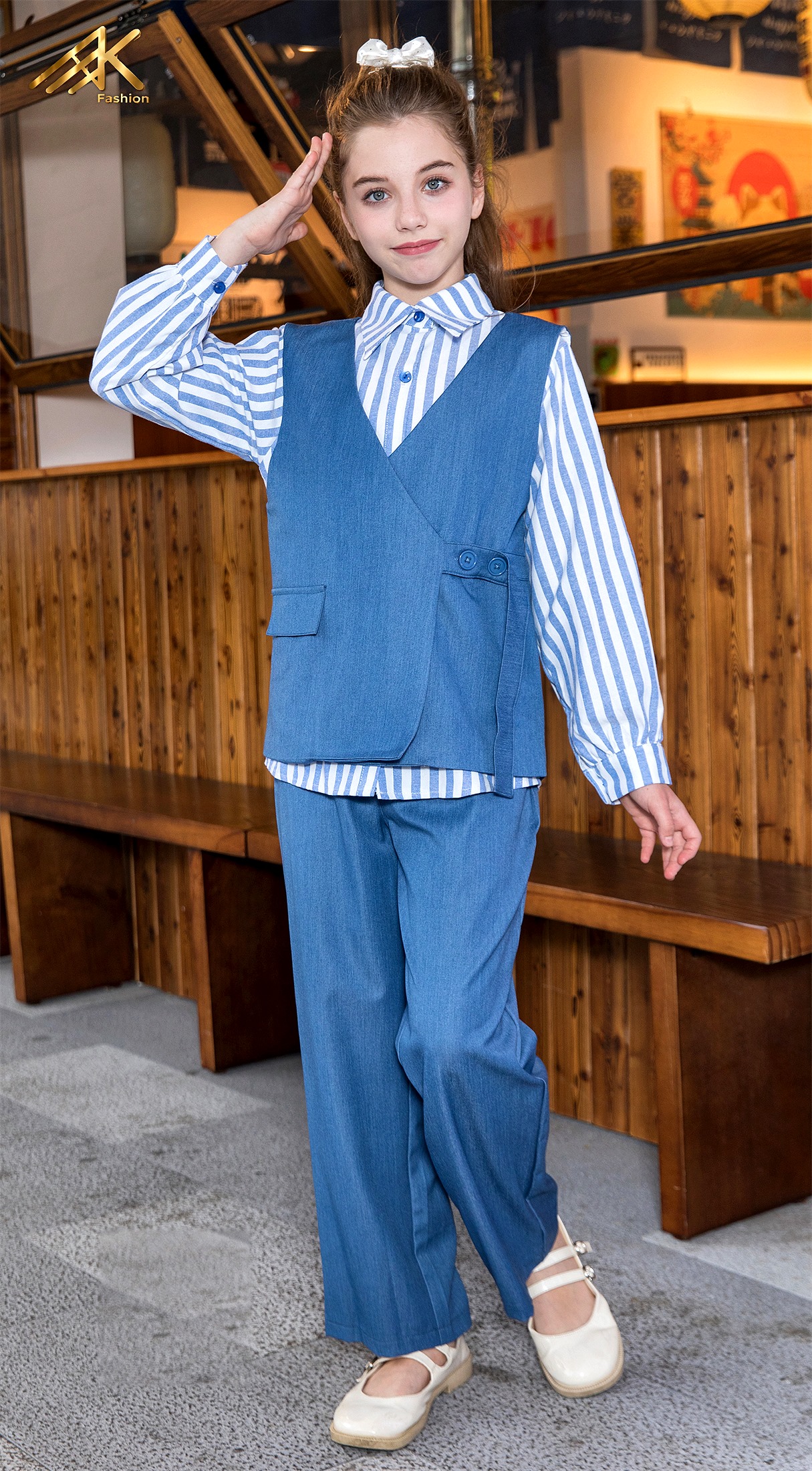 Blue striped shirt and vest set with trousers