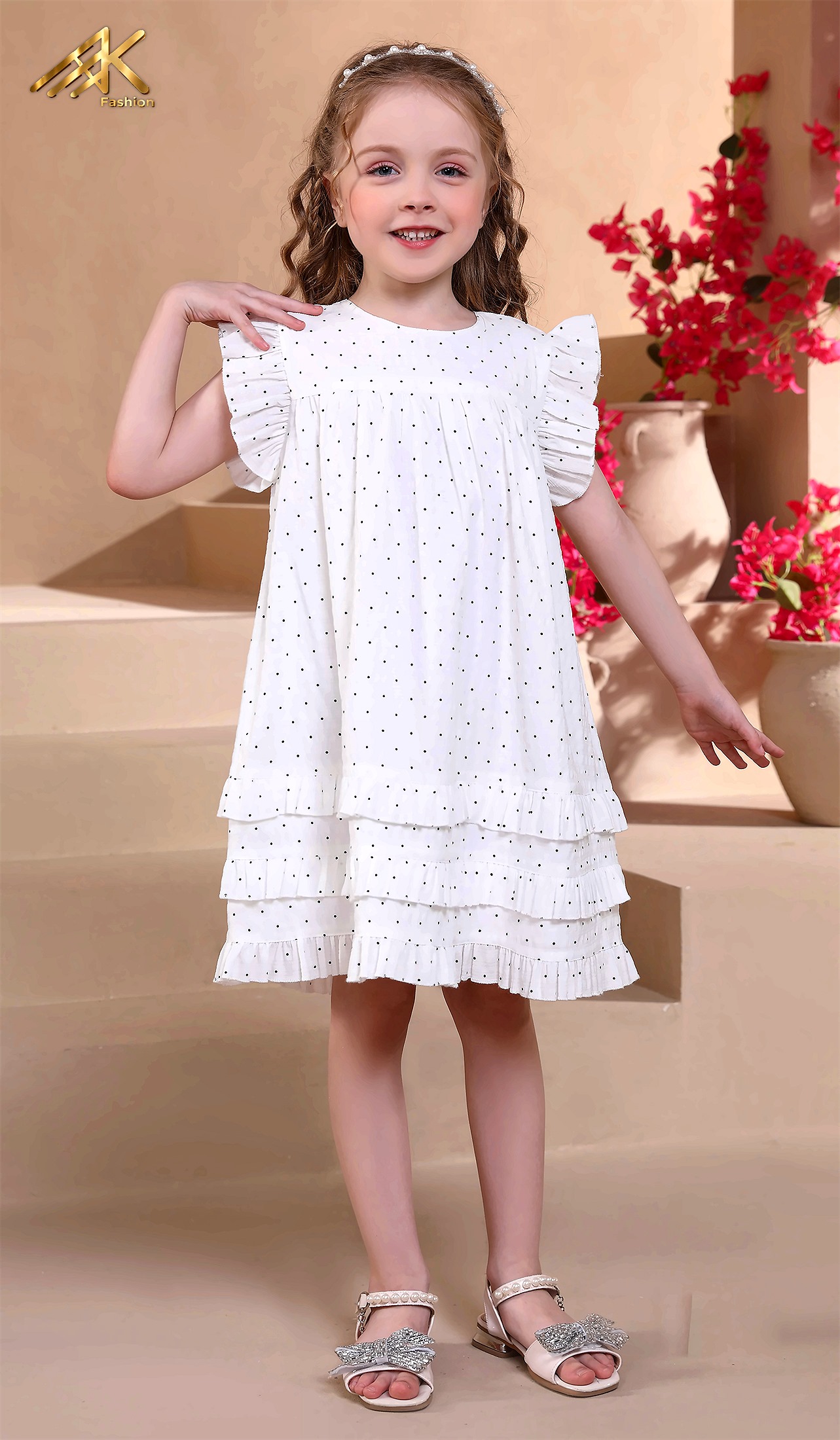 Blue puff-sleeve dress with white eyelet floral hem