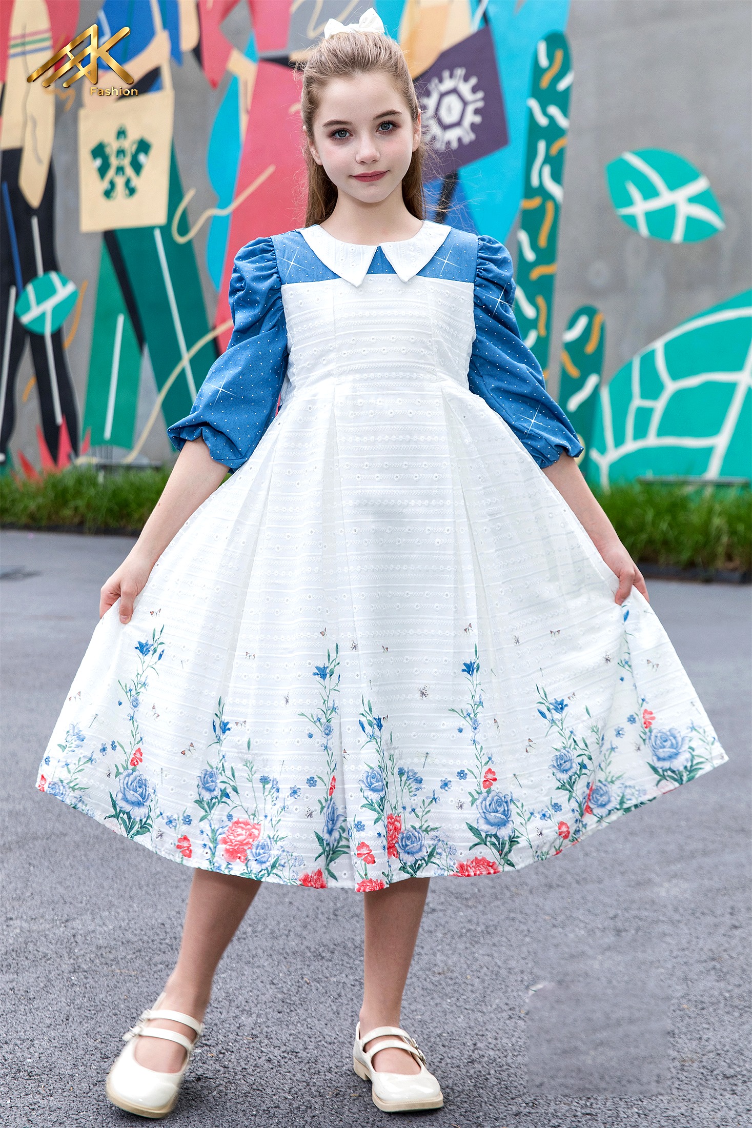 White and blue floral paisley dress with gold belt
