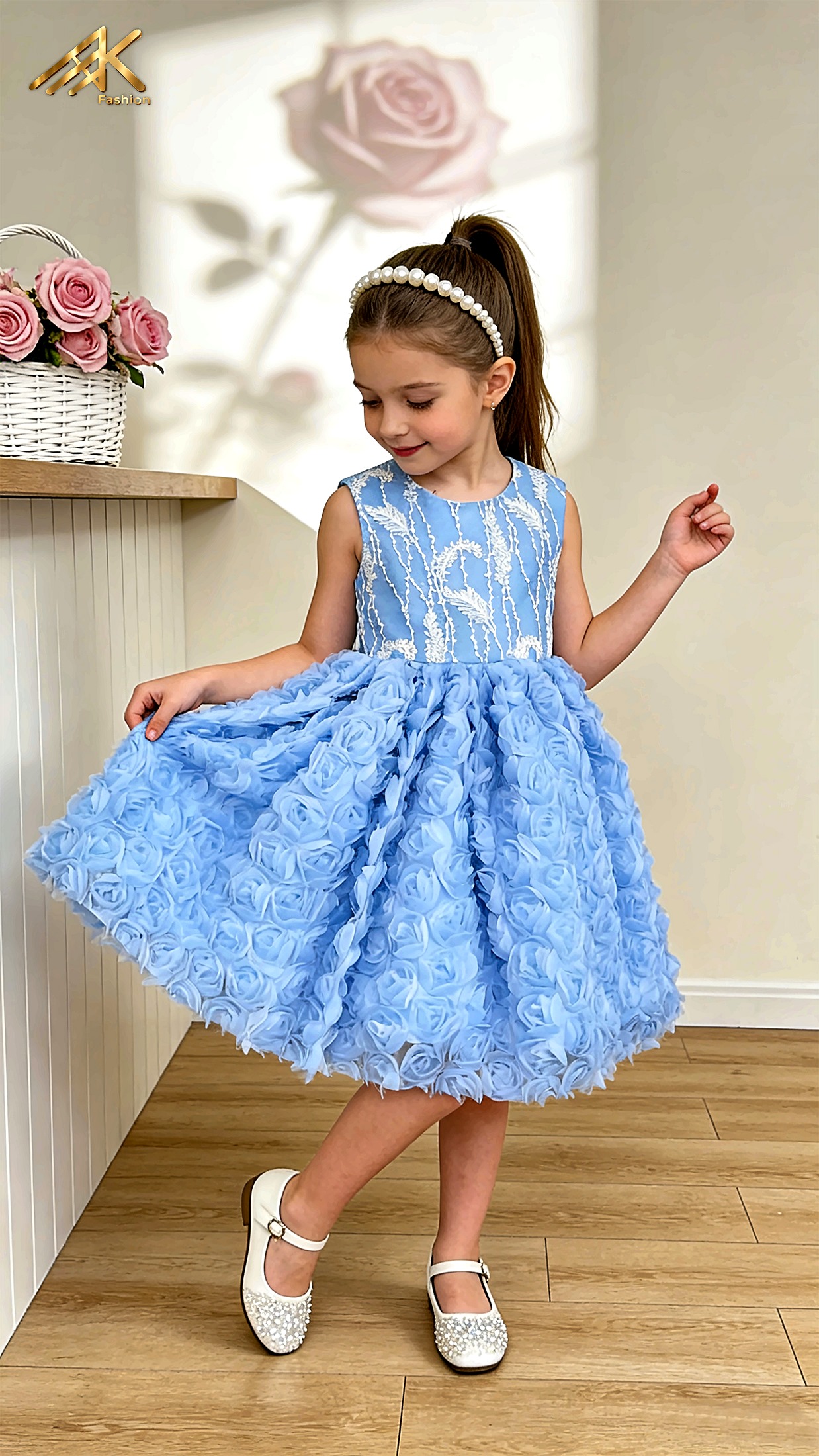 White dress with 3D rose bodice and puff sleeves