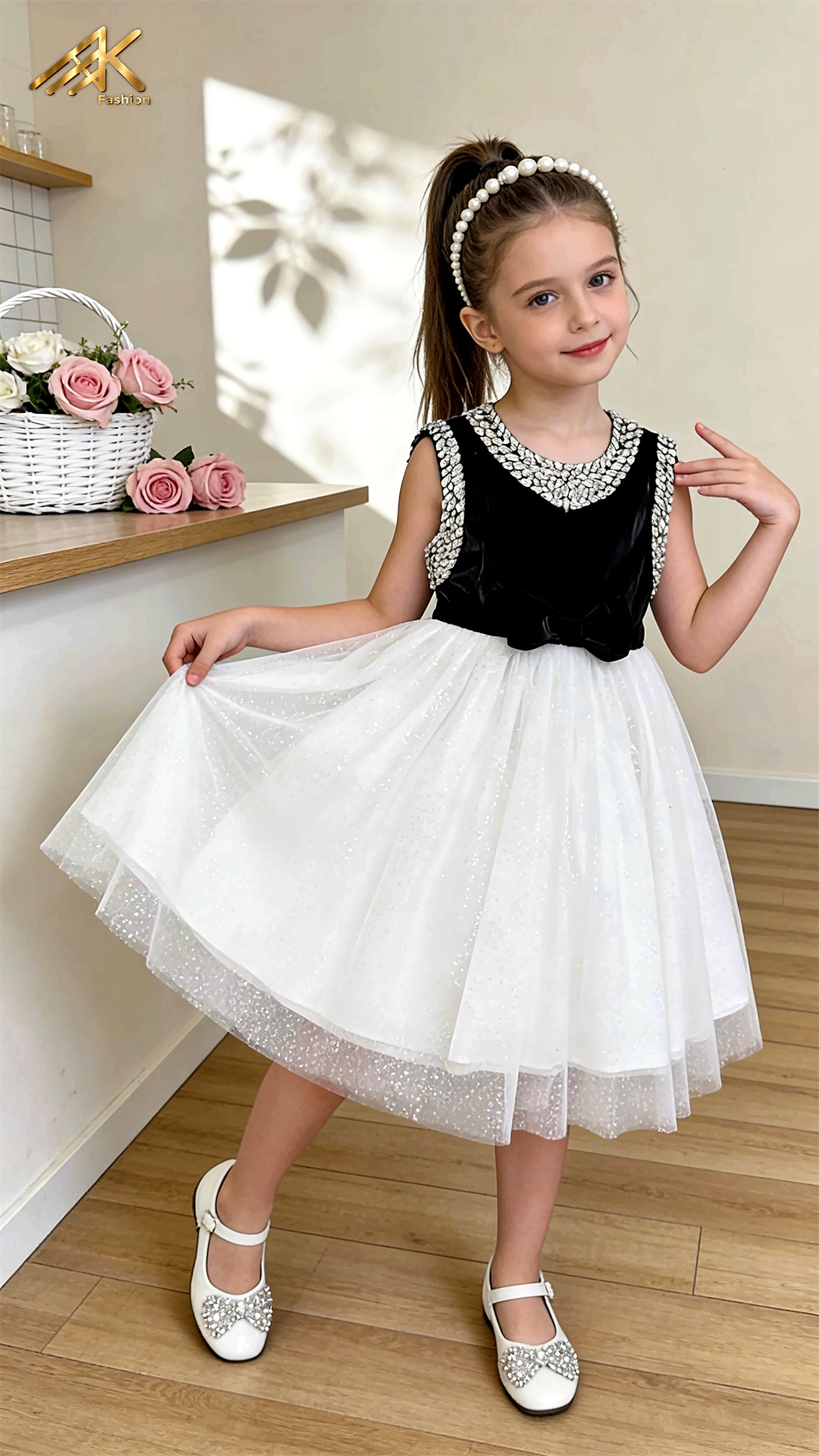 Girl wearing an AK Fashion black velvet dress with rhinestone collar and white tulle skirt