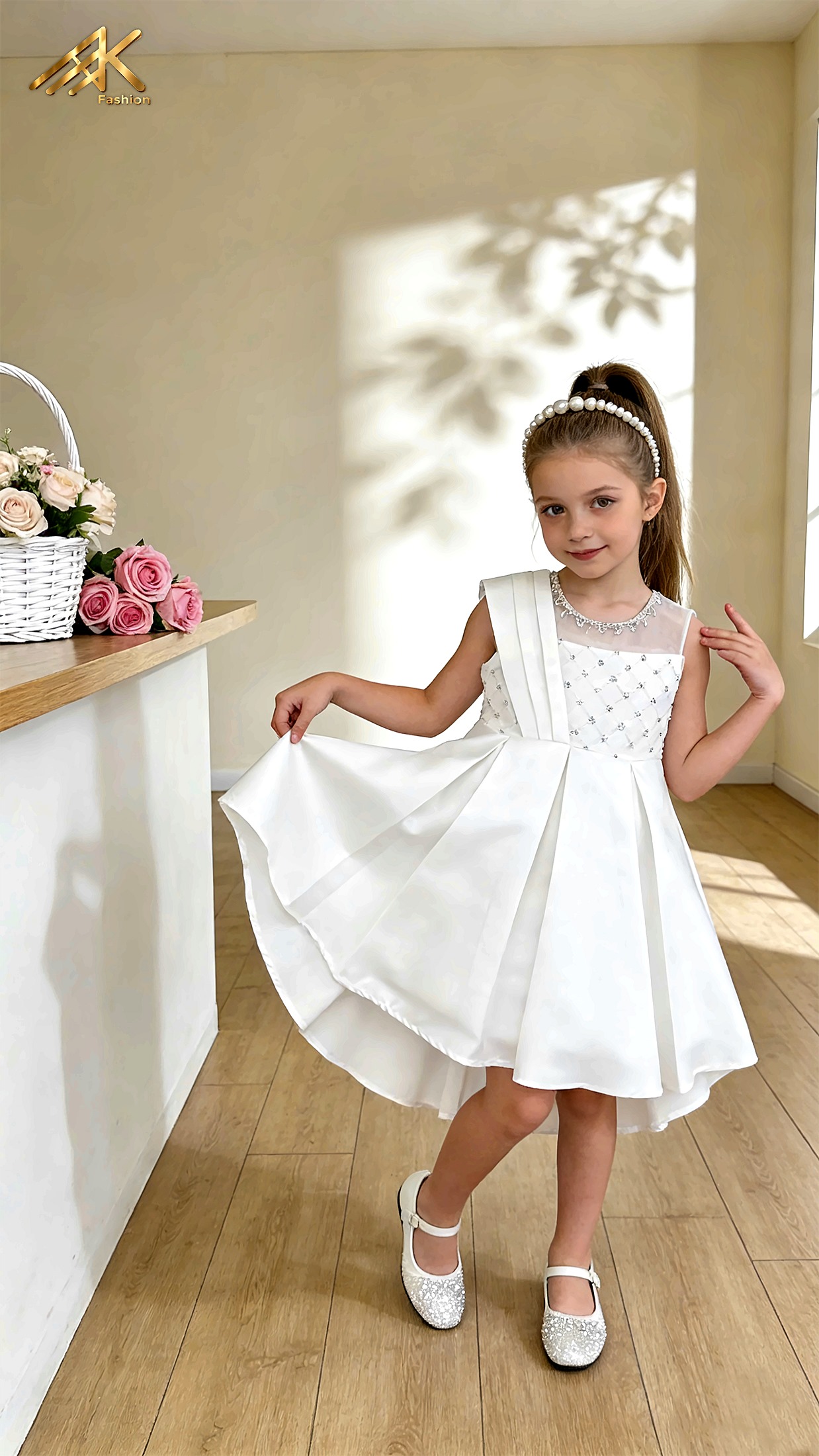 White pleated satin dress with rhinestone bodice