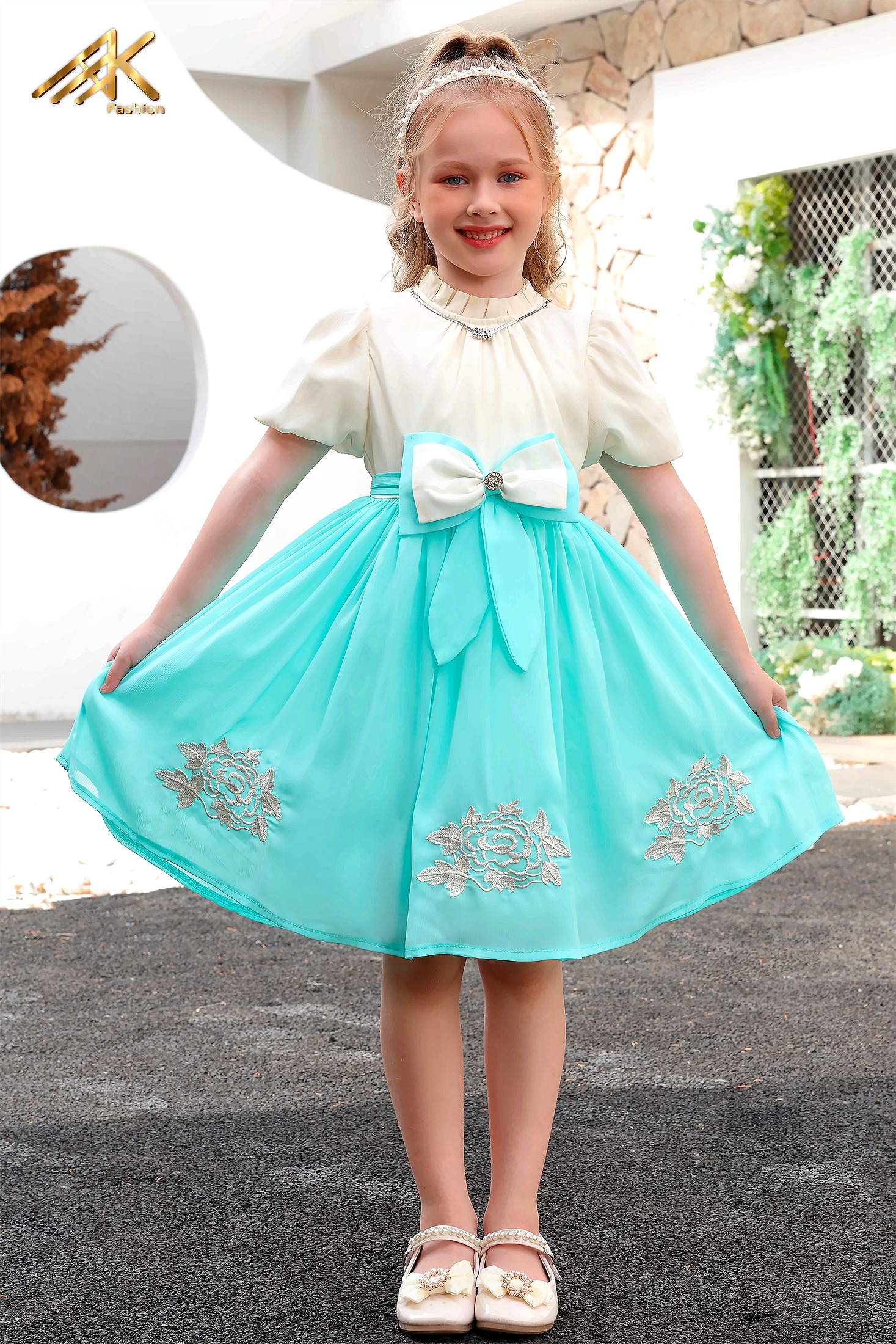 AK Fashion ivory and mint dress with oversized bow