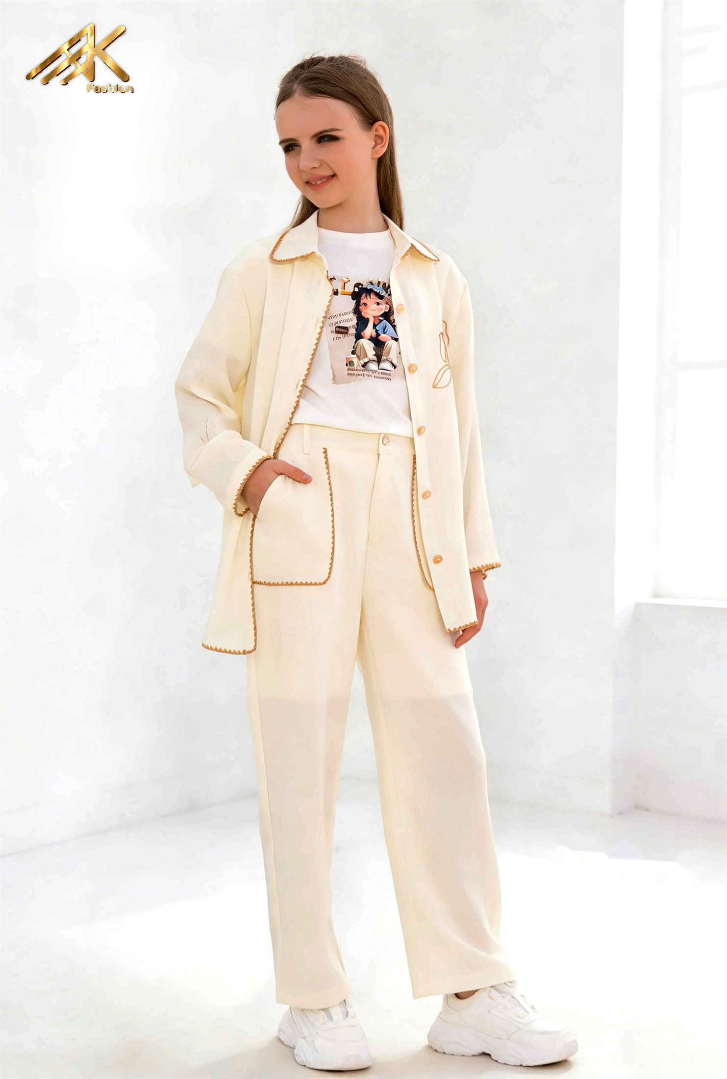 Cream jacket and trousers with graphic tee
