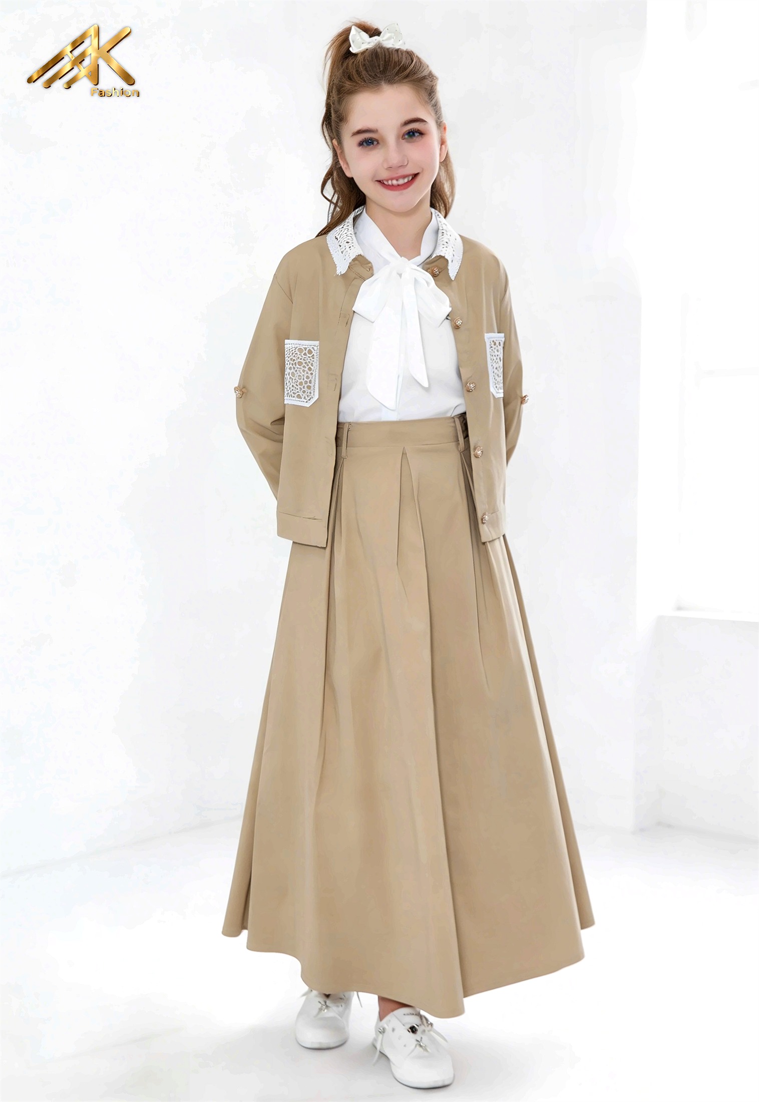 Khaki jacket with lace pocket trim and pleated maxi skirt